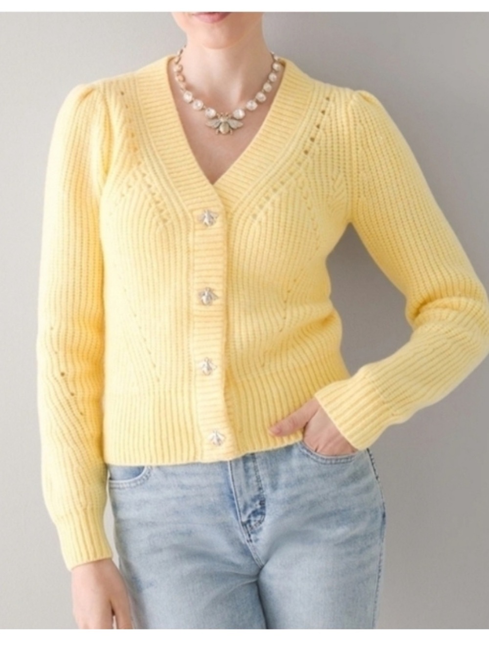 White House Black Market Butter Yellow V‑Neck Cardigan with Bee Buttons